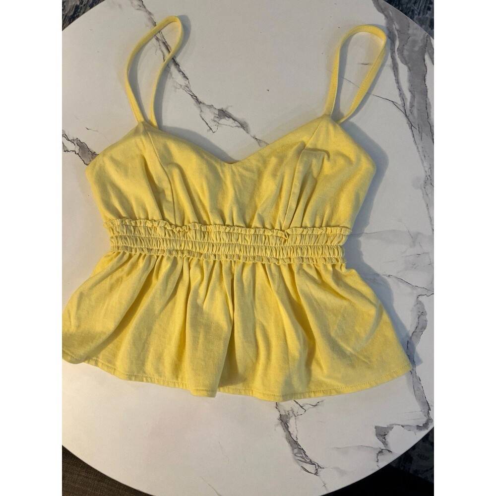 FOREVER 21 Womens Yellow Ribbed V-Neck Spaghetti Strap Smocked Cami Top S